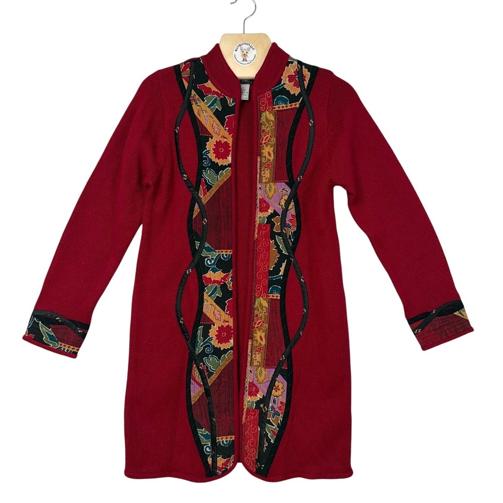 KOOS of Course Red Patchwork Applique Long Cardigan Coat‎ Jacket Size Small